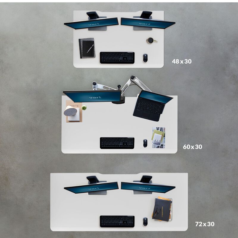 Overhead view of all sizes of Electric Standing Desk with ComfortEdge in White image number null